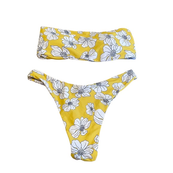 ZAFUL YELLOW FLORAL STRAPLESS THONG BIKINI Size 6 - Picture 6 of 6